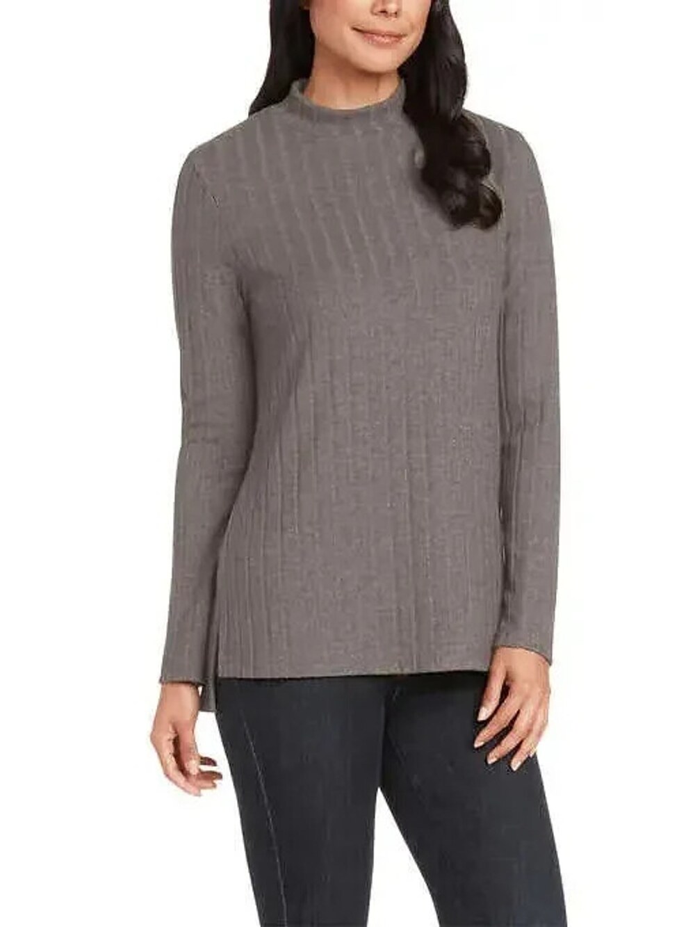 Matty M Mock Neck Ribbed Tunic Top Women's Medium Heather Pebble Brown Sweater
